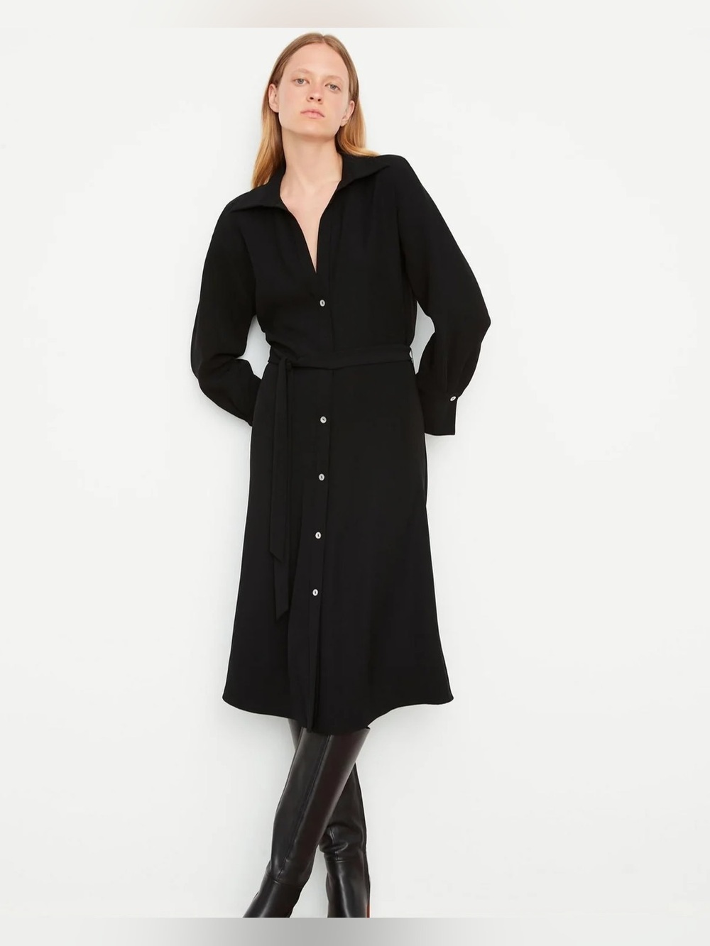 VINCE BELTED LONG SLEEVE SHIRT DRESS BLACK size M midi